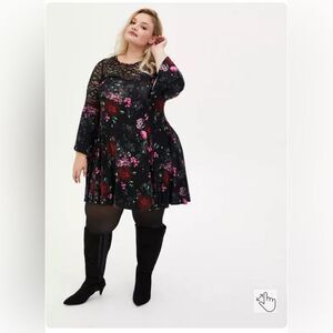 Torrid Super Soft Black Floral Lace Bell Sleeve Dress